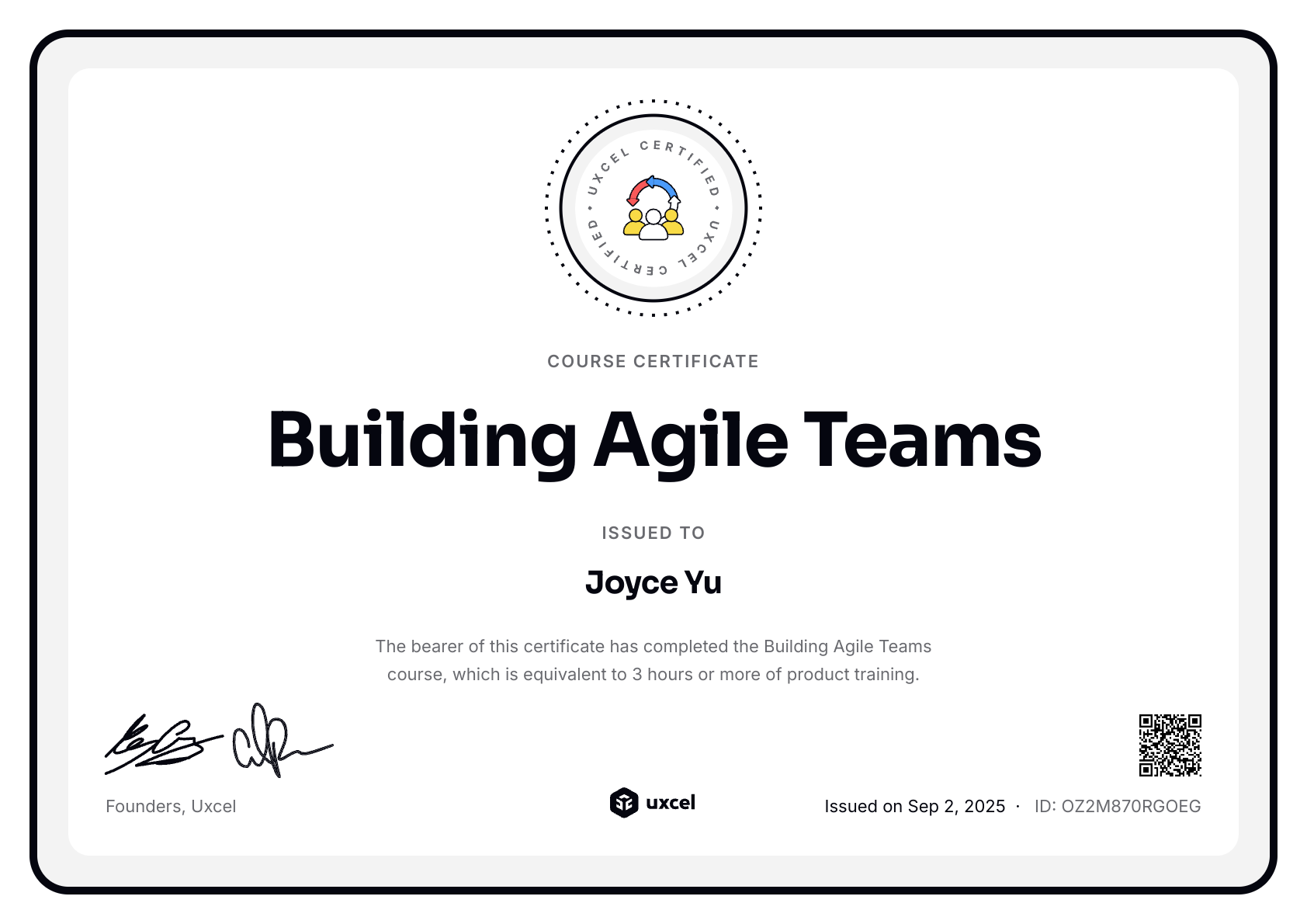 Joyce Yu's certificate